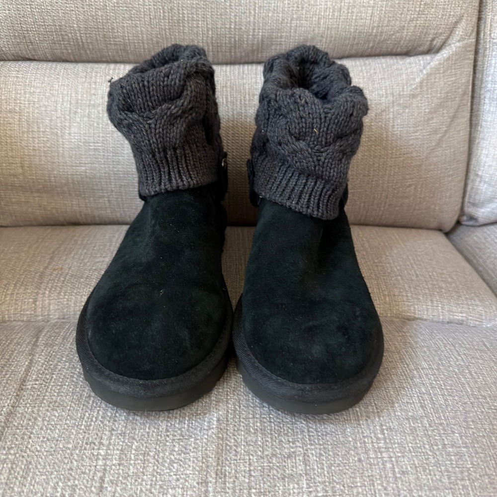 UGG Australia Women Black Suede Cable Knit Cuff Ankle Boots Charcoal Grey Trim 6
